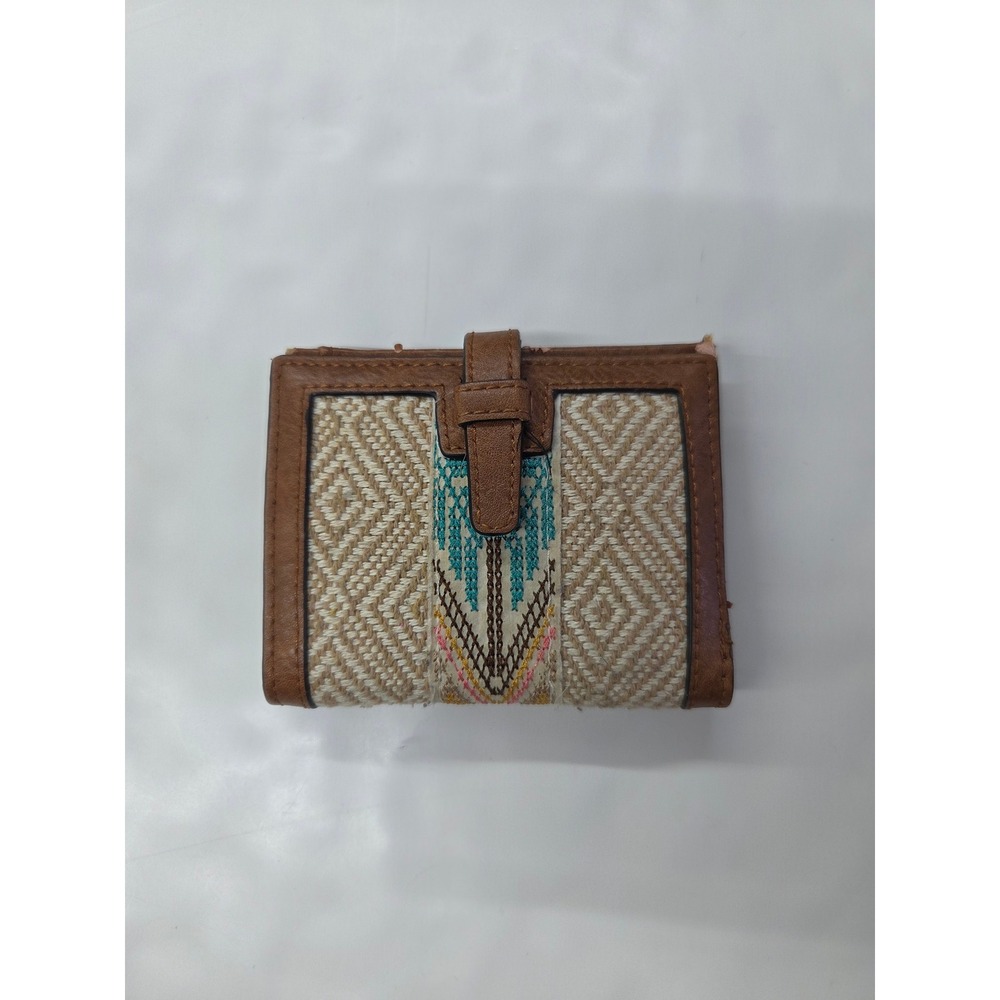 Jen & Co. Woven Geometric Bifold Wallet Brown Faux Leather Snap Closure Boho